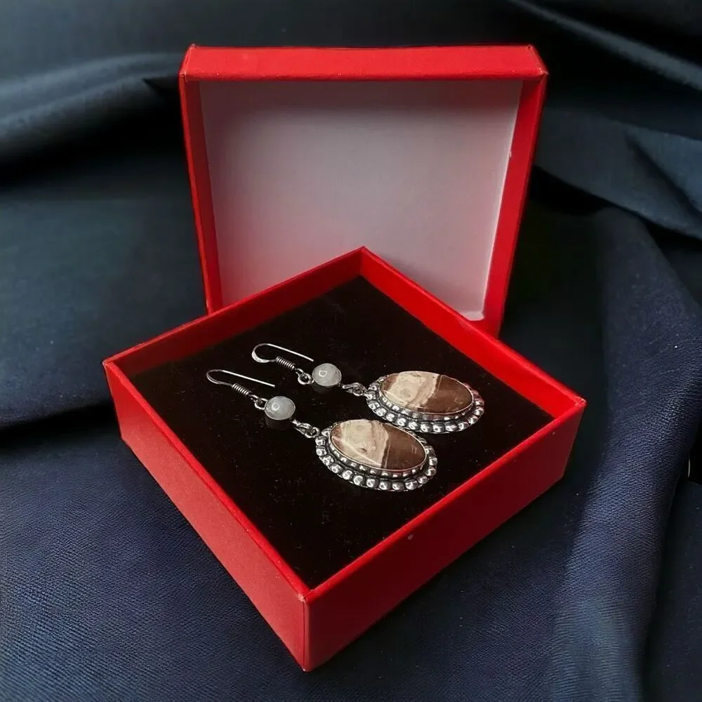 Vintage Brownie Jasper Rainbow‎ Moonstone Drop Dangle Earrings Jewelry 2.48